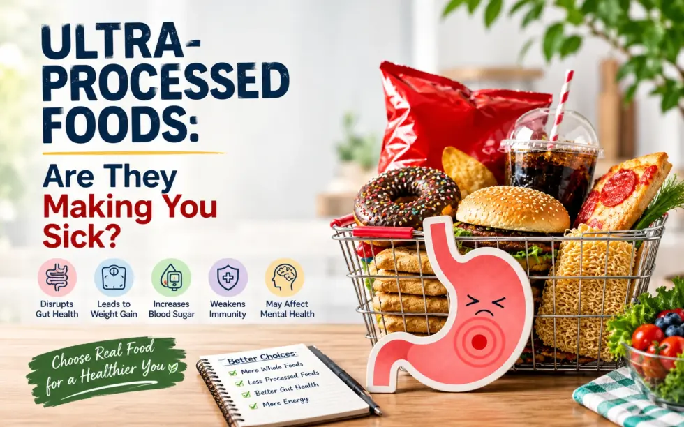 Ultra-processed foods including burgers, pizza, chips, donuts, instant noodles, and sugary drinks with an illustration highlighting gut health and healthy eating choices.