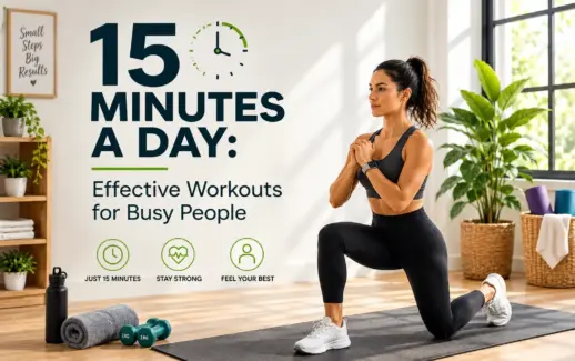 Woman performing a lunge exercise on a fitness mat at home, promoting 15-minute daily effective workouts to build strength and improve fitness for busy people.