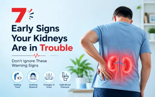 Infographic showing seven early warning signs of kidney problems, with a man experiencing lower back discomfort and an illustration of the kidneys, plus icons for fatigue, swelling, urine changes, and high blood pressure.