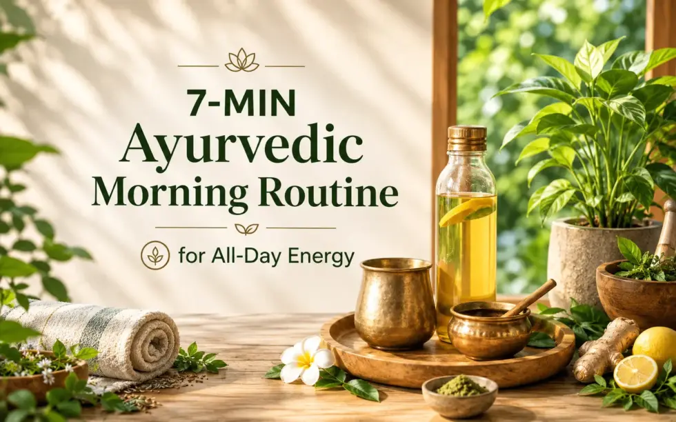 Ayurvedic morning routine featuring herbal oil, brass bowls, fresh ginger, lemon, and medicinal herbs to promote natural wellness and all-day energy.
