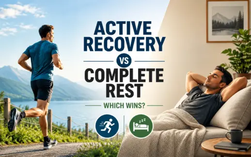 Active recovery vs complete rest, showing a man jogging outdoors by a lake and another man relaxing on a sofa at home.