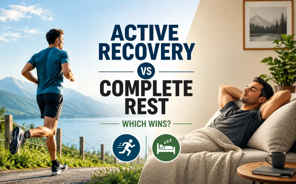 Active recovery vs complete rest, showing a man jogging outdoors by a lake and another man relaxing on a sofa at home.