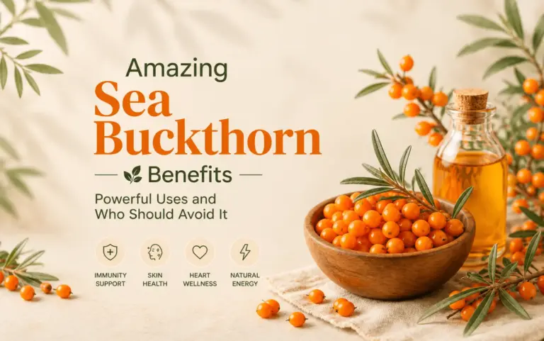 Sea buckthorn berries and golden sea buckthorn oil showcasing potential benefits for skin health, heart wellness, immunity, and energy.
