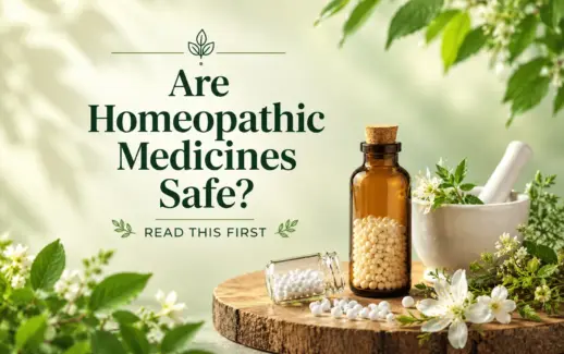 Are homeopathic medicines safe? Amber bottle of homeopathic pills, white pellets, mortar and pestle, and green medicinal plants.