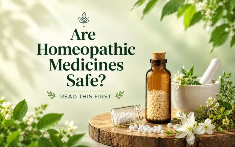 Are homeopathic medicines safe? Amber bottle of homeopathic pills, white pellets, mortar and pestle, and green medicinal plants.