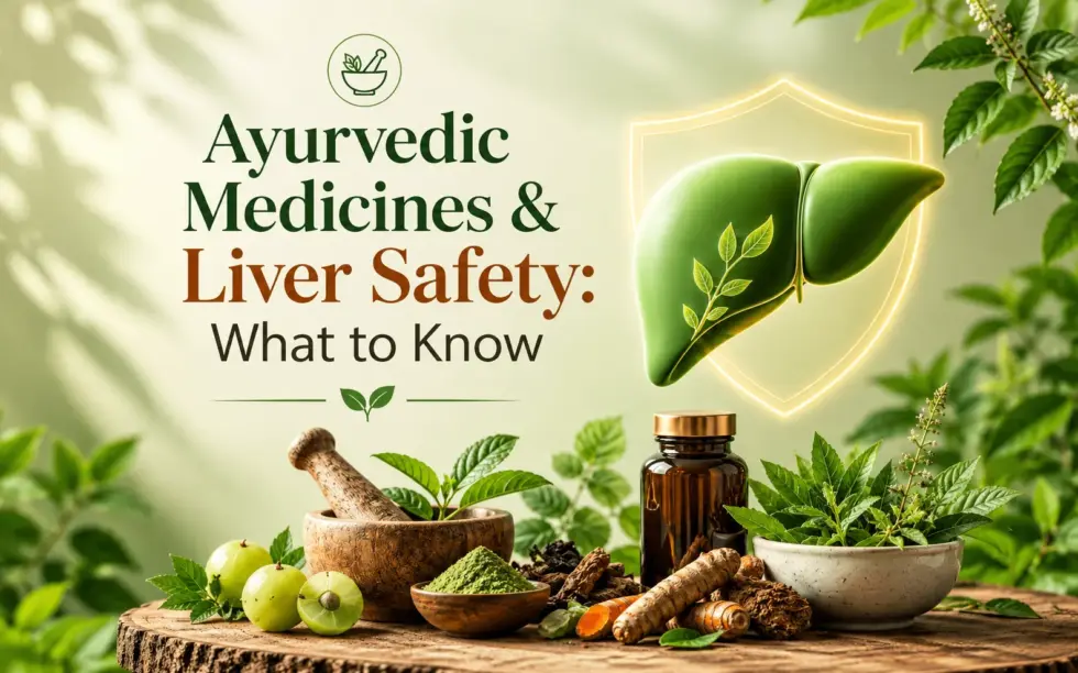 Ayurvedic medicines and liver safety, featuring herbal remedies, turmeric, amla fruits, medicinal plants, and a liver health illustration.