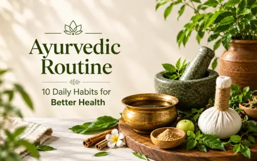 Ayurvedic routine wellness setup featuring a stone mortar and pestle, fresh medicinal herbs, brass pot, amla fruit, cinnamon, and traditional Ayurvedic ingredients for better health.