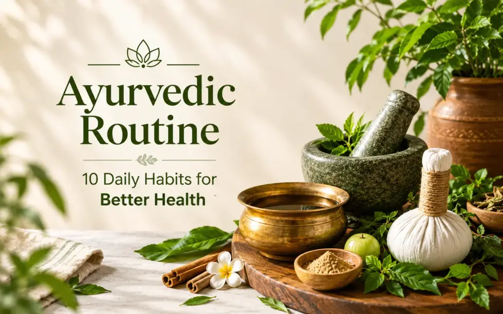 Ayurvedic routine wellness setup featuring a stone mortar and pestle, fresh medicinal herbs, brass pot, amla fruit, cinnamon, and traditional Ayurvedic ingredients for better health.