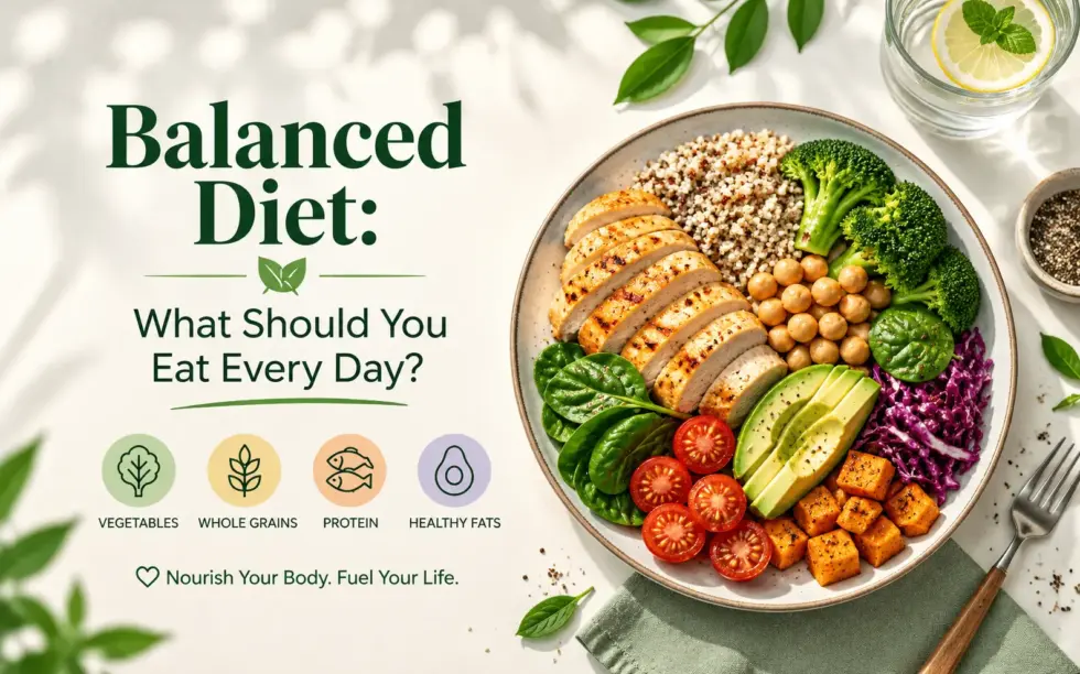 Balanced diet featuring grilled chicken, whole grains, chickpeas, broccoli, spinach, avocado, tomatoes, and sweet potatoes for healthy daily nutrition.