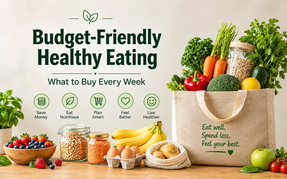 Budget-friendly healthy eating infographic featuring a grocery bag filled with fresh vegetables, carrots, broccoli, grains, and other nutritious foods, alongside berries, bananas, eggs, beans, and potatoes to illustrate affordable weekly grocery shopping.