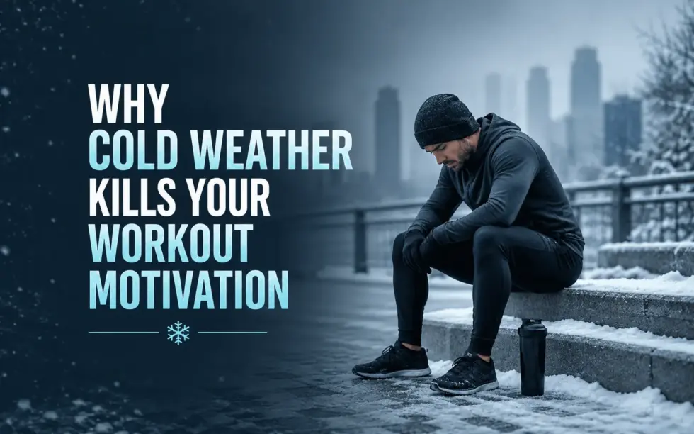 Man in winter workout clothes sitting outdoors in cold weather, illustrating how winter conditions affect workout motivation.