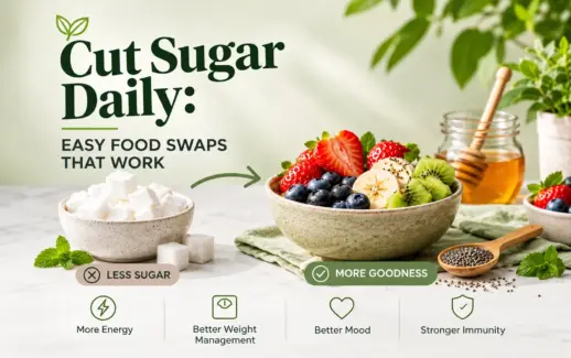 Healthy eating infographic comparing sugar cubes with a bowl of fresh strawberries, blueberries, bananas, and kiwi, highlighting easy food swaps to cut sugar and support energy, weight management, mood, and overall health.