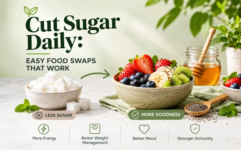 Healthy eating infographic comparing sugar cubes with a bowl of fresh strawberries, blueberries, bananas, and kiwi, highlighting easy food swaps to cut sugar and support energy, weight management, mood, and overall health.