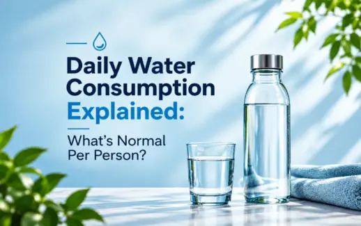 Daily water consumption explained with a clear water bottle and glass of drinking water on a bright, refreshing background.