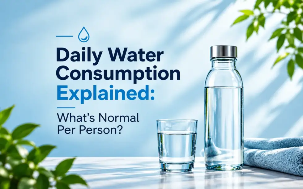 Daily water consumption explained with a clear water bottle and glass of drinking water on a bright, refreshing background.