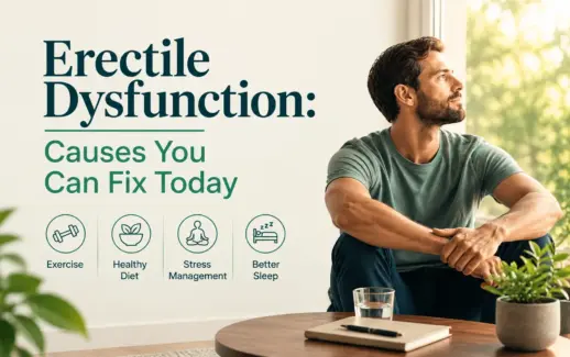 Man reflecting on erectile dysfunction and healthy lifestyle changes, including exercise, a balanced diet, stress management, and better sleep.