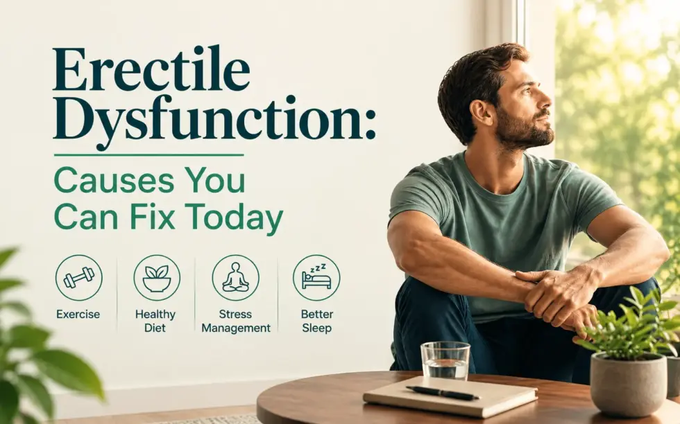 Man reflecting on erectile dysfunction and healthy lifestyle changes, including exercise, a balanced diet, stress management, and better sleep.