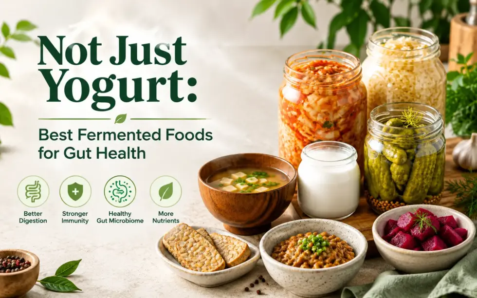 A variety of fermented foods for gut health, including yogurt, kimchi, sauerkraut, pickles, tempeh, miso soup, natto, and fermented beetroot, arranged in jars and bowls on a kitchen counter.