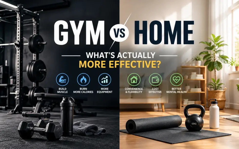 Split-screen fitness infographic comparing gym workouts and home workouts, highlighting muscle building, calorie burning, equipment variety, convenience, affordability, and mental health benefits.