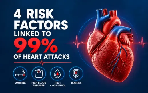 Medical infographic showing an anatomical heart and four major heart attacks risk factors: smoking, high blood pressure, high cholesterol, and diabetes.