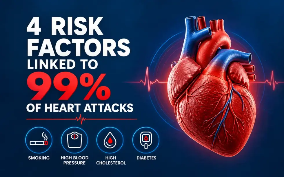 Medical infographic showing an anatomical heart and four major heart attacks risk factors: smoking, high blood pressure, high cholesterol, and diabetes.
