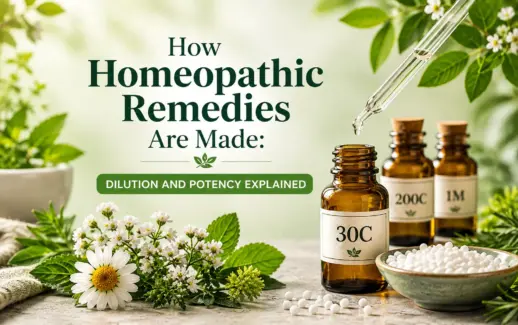 How homeopathic remedies are made using dilution and potency methods, with amber medicine bottles, a glass dropper, and white homeopathic pellets.