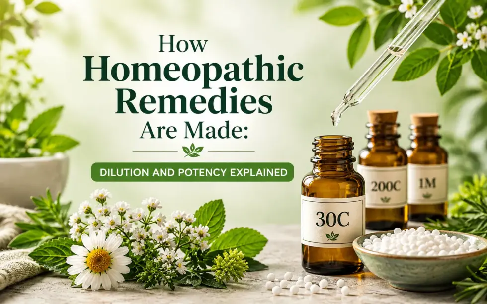 How homeopathic remedies are made using dilution and potency methods, with amber medicine bottles, a glass dropper, and white homeopathic pellets.