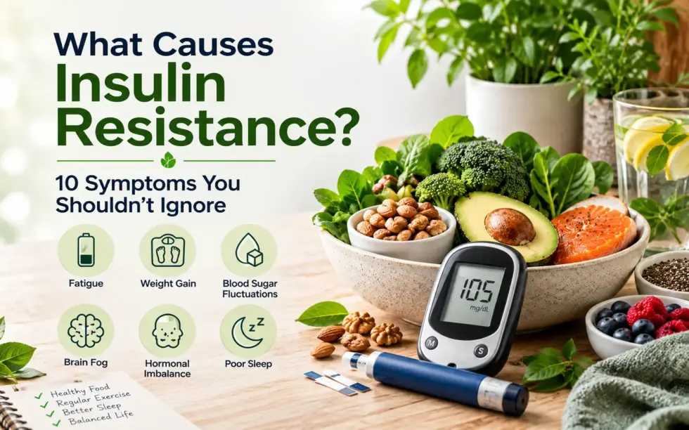 Insulin resistance symptoms infographic featuring a blood glucose meter, healthy foods, and six common signs including fatigue, weight gain, blood sugar fluctuations, brain fog, hormonal imbalance, and poor sleep.