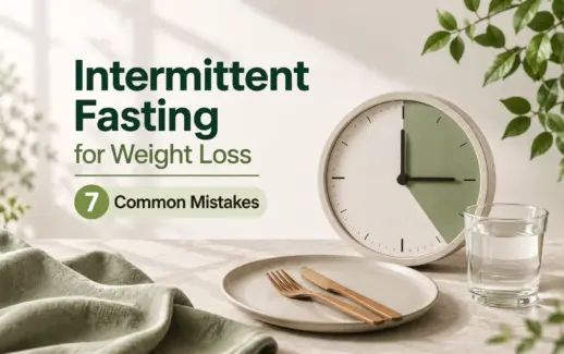 Intermittent fasting for weight loss, featuring a clock, empty plate, cutlery, and glass of water to illustrate fasting schedules and common mistakes.