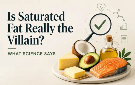 Illustration of saturated fat food sources, including butter, cheese, coconut, avocado, olive oil, and salmon, highlighting scientific research on dietary fats and heart health.