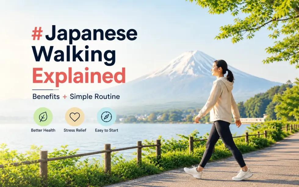 Woman practicing Japanese walking beside a lake with Mount Fuji in the background, illustrating the benefits of walking, stress relief, and a simple fitness routine.