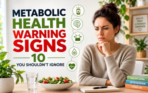 Metabolic health warning signs infographic featuring a concerned woman, healthy food, and icons representing blood sugar, brain health, body fat, and heart health.