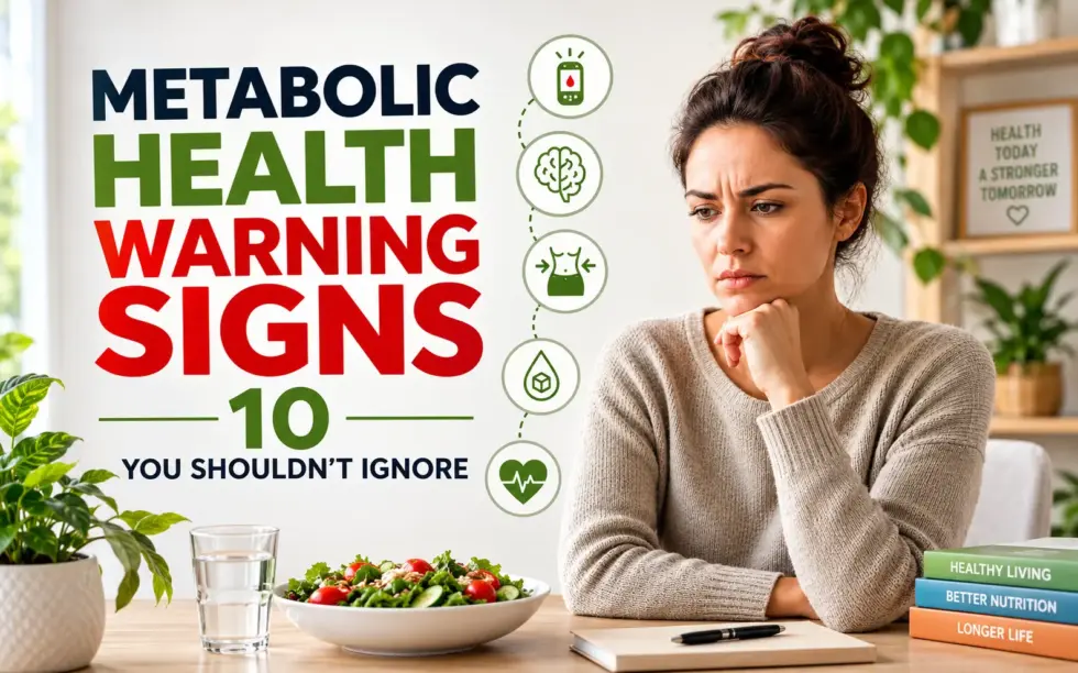 Metabolic health warning signs infographic featuring a concerned woman, healthy food, and icons representing blood sugar, brain health, body fat, and heart health.