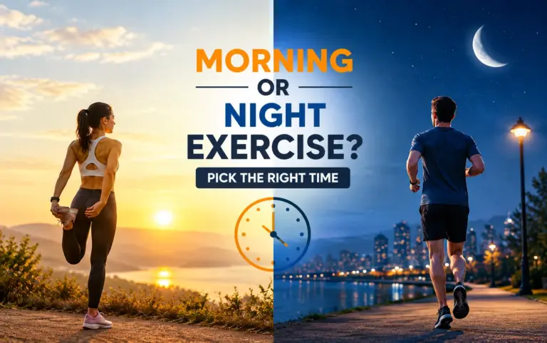 Morning vs night exercise comparison showing a woman stretching at sunrise and a man jogging at night, with a clock illustrating workout timing.