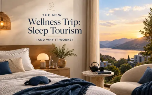 Sleep tourism wellness retreat featuring a cozy luxury bedroom, soft bedding, sleep mask, warm lighting, and a scenic mountain lake view at sunset.
