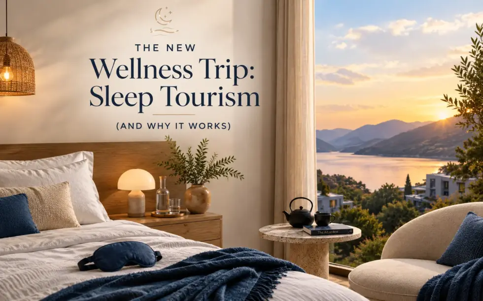 Sleep tourism wellness retreat featuring a cozy luxury bedroom, soft bedding, sleep mask, warm lighting, and a scenic mountain lake view at sunset.