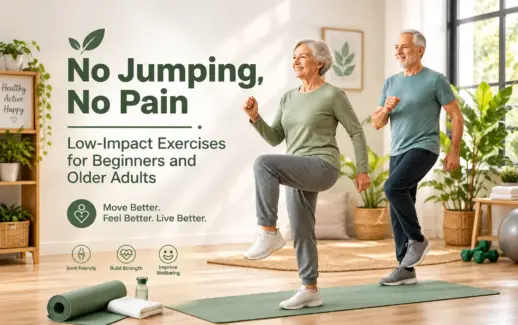 Older adults performing low-impact exercises like knee joint exercise at home for improved strength, joint health, balance, and overall well-being.