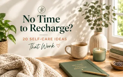 20 self-care ideas that work, featuring a cozy wellness setup with a journal, coffee mug, candle, and indoor plants.