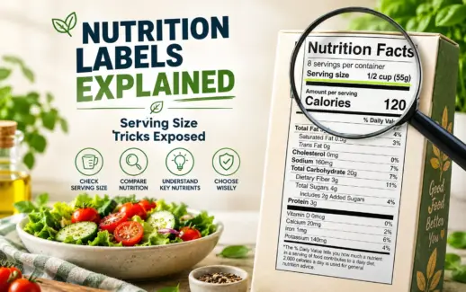 Nutrition infographic showing a food nutrition labels magnified to highlight serving size, calories, sugar, fat, and other nutrients, with fresh salad and icons illustrating how to read labels and make healthier food choices.
