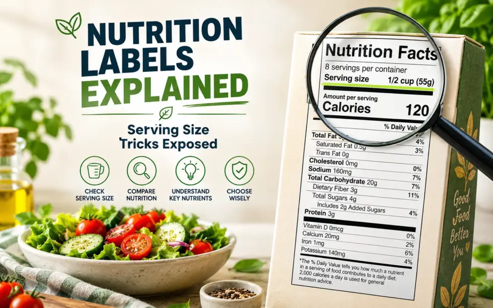 Nutrition infographic showing a food nutrition labels magnified to highlight serving size, calories, sugar, fat, and other nutrients, with fresh salad and icons illustrating how to read labels and make healthier food choices.