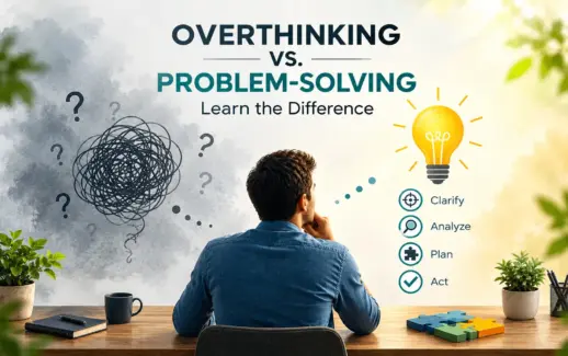 Overthinking vs problem-solving illustration showing a man facing tangled thoughts and question marks, with a light bulb and steps to clarify, analyze, plan, and act.