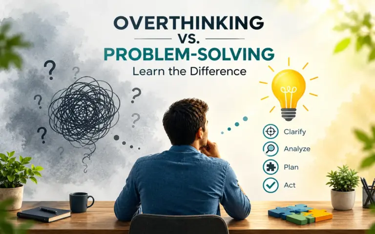 Overthinking vs problem-solving illustration showing a man facing tangled thoughts and question marks, with a light bulb and steps to clarify, analyze, plan, and act.