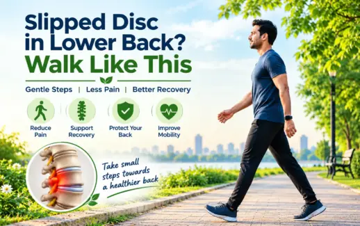 Man walking in a park with an illustration of a slipped disc in the lower back, highlighting gentle walking, back health, and mobility.
