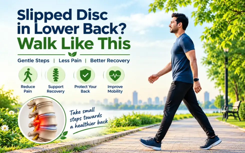 Man walking in a park with an illustration of a slipped disc in the lower back, highlighting gentle walking, back health, and mobility.
