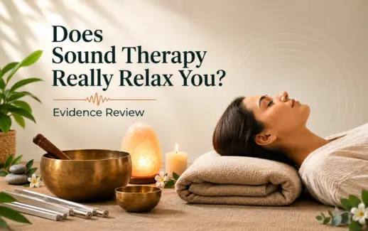 Sound therapy wellness scene featuring a relaxed woman, singing bowls, tuning forks, a glowing salt lamp, and a candle, illustrating sound therapy for relaxation and stress relief.