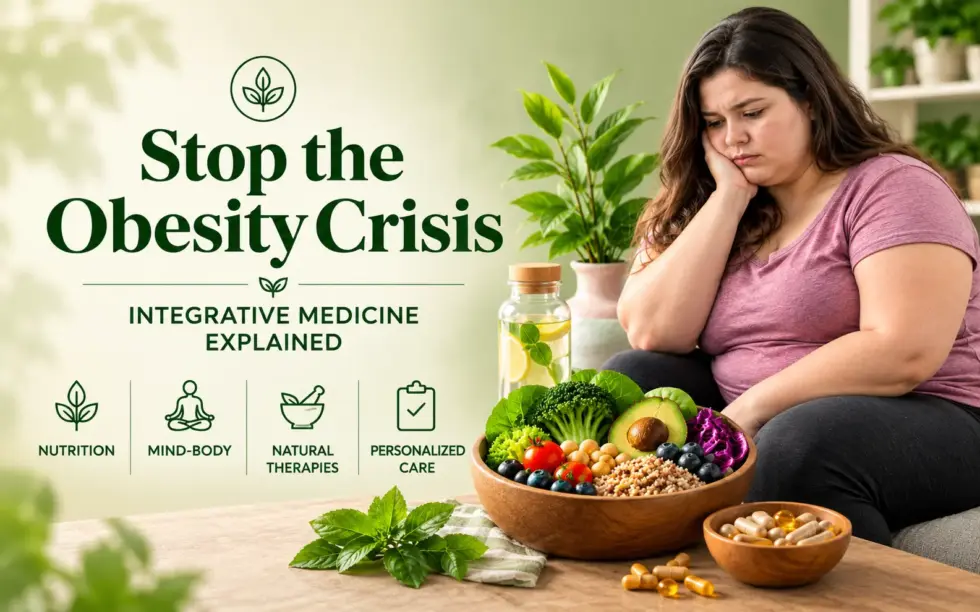Health infographic featuring an overweight woman, fresh vegetables, supplements, and herbal ingredients, illustrating integrative approaches to obesity through nutrition, mind-body practices, natural therapies, and personalized care.