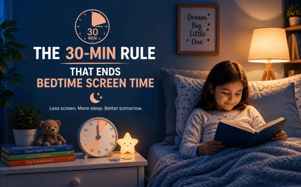 Bedtime routine infographic showing a young girl reading a book in bed, a 30-minute timer, a bedside lamp, and a teddy bear, illustrating how reducing screen time before sleep may support better rest.