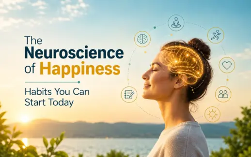 Neuroscience of happiness illustration showing a smiling woman with a glowing brain, representing mindfulness, exercise, gratitude, and positive mental health habits.