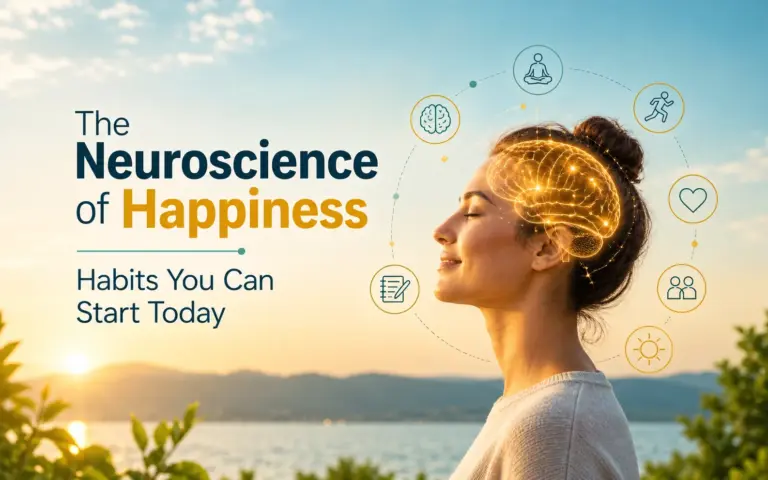 Neuroscience of happiness illustration showing a smiling woman with a glowing brain, representing mindfulness, exercise, gratitude, and positive mental health habits.