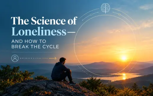 The science of loneliness illustration showing a man sitting alone on a rocky hillside at sunset, symbolizing social isolation and emotional well-being.